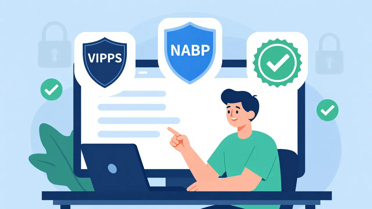 Illustration of safe online pharmacy shopping with security shield icons