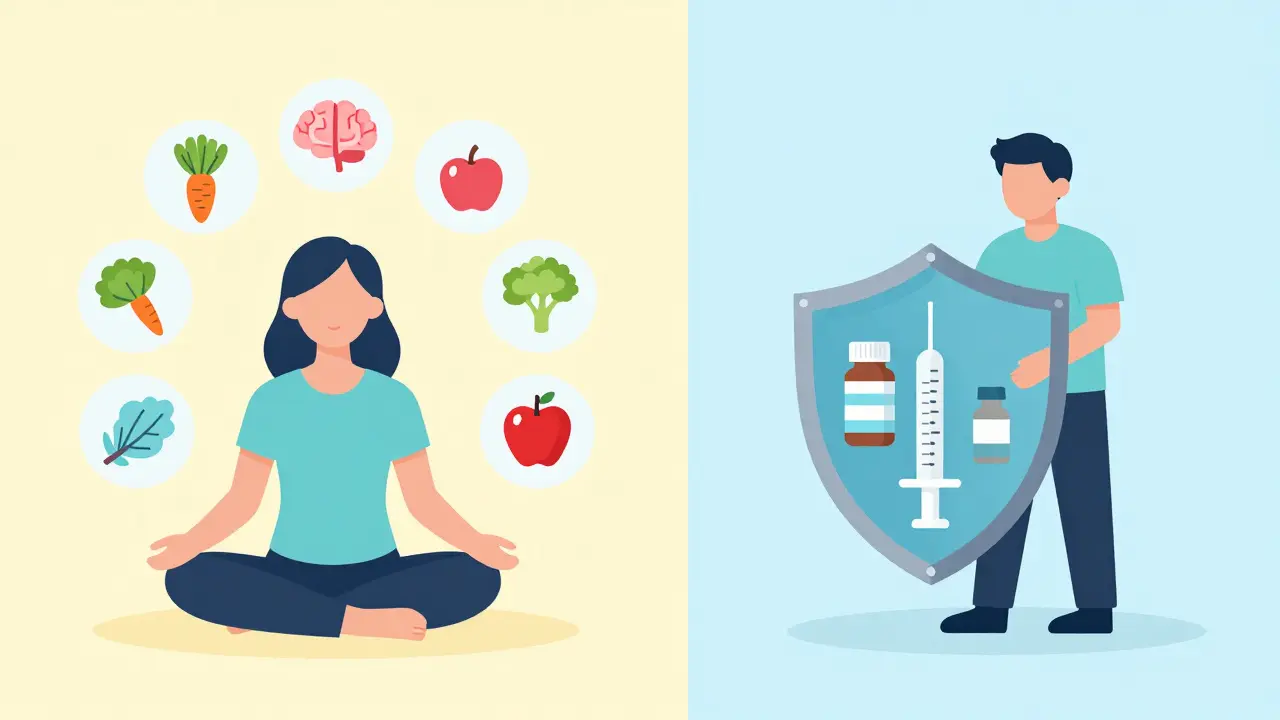 Illustration showing diet therapy vs medication treatments for gut disorders