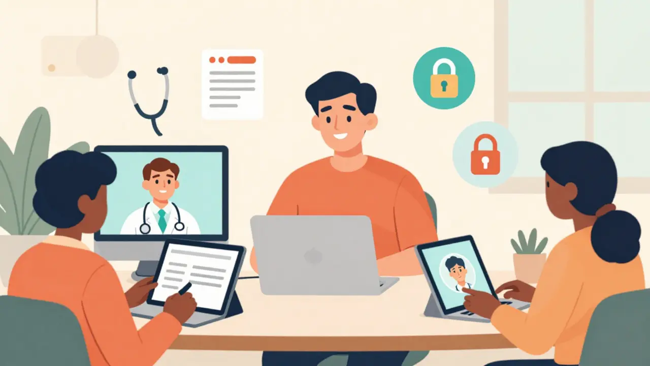People using tablets for telehealth mental health consultations in a cozy setting.