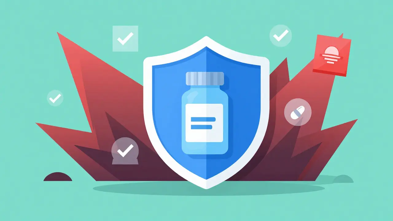 Shield icon protecting medication from counterfeit risks in a flat design style.