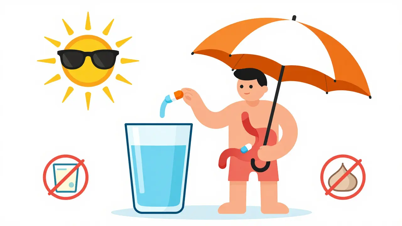 Character taking pill with water and standing upright