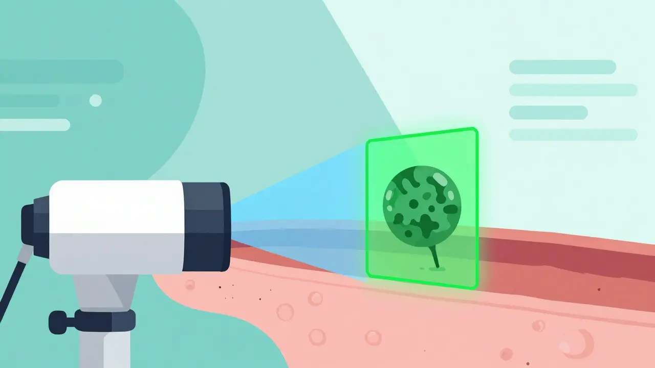 Conceptual art of an AI scanner highlighting a flat polyp inside the colon with a digital reticle.