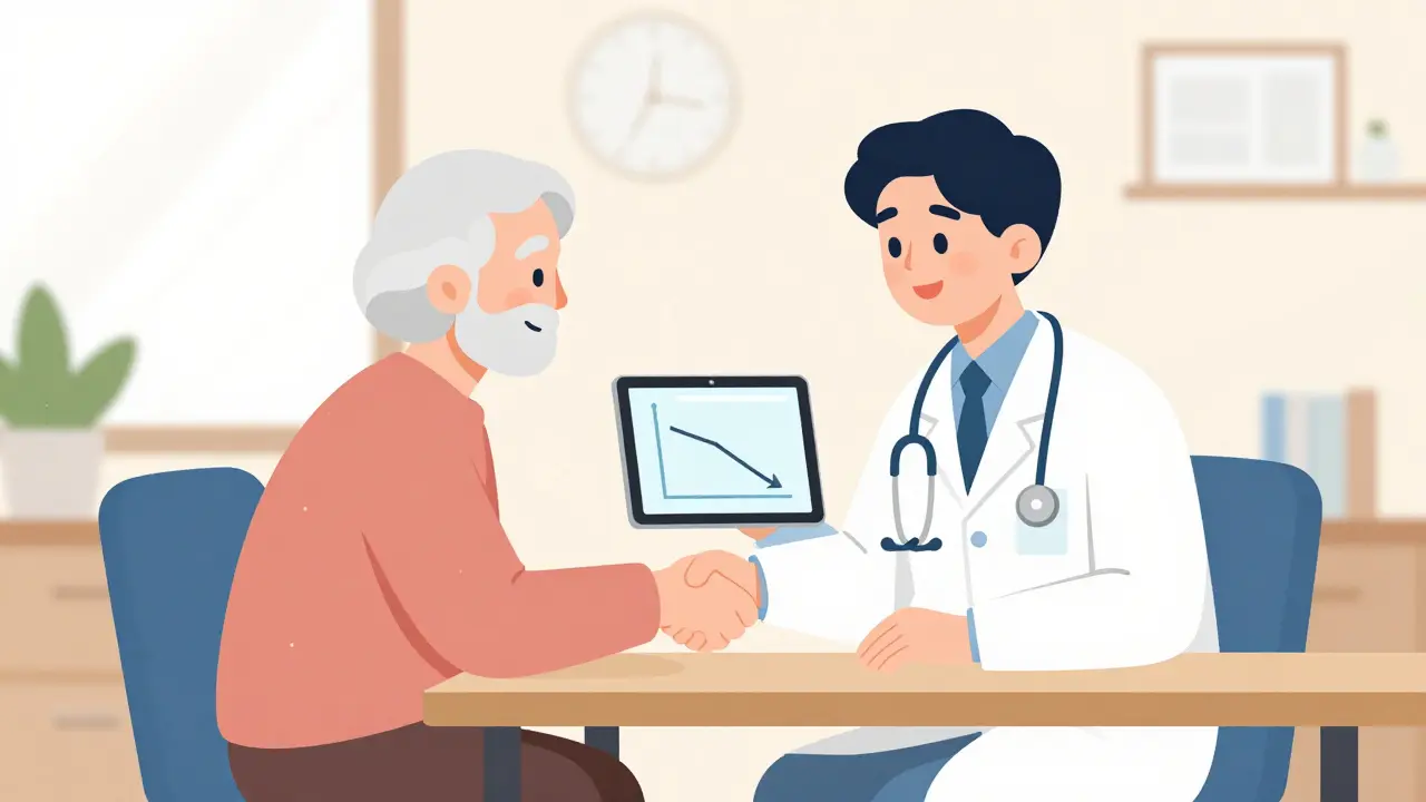 Doctor and senior patient collaborating over tablet in office setting