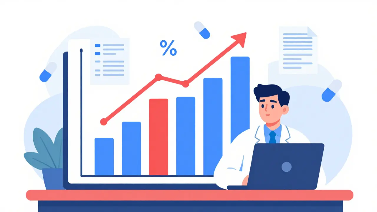 Flat design cartoon of a scientist analyzing drug safety signals with bar charts and pill icons