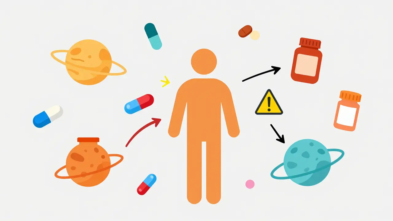 Flat design graphic of interacting pills orbiting a human figure