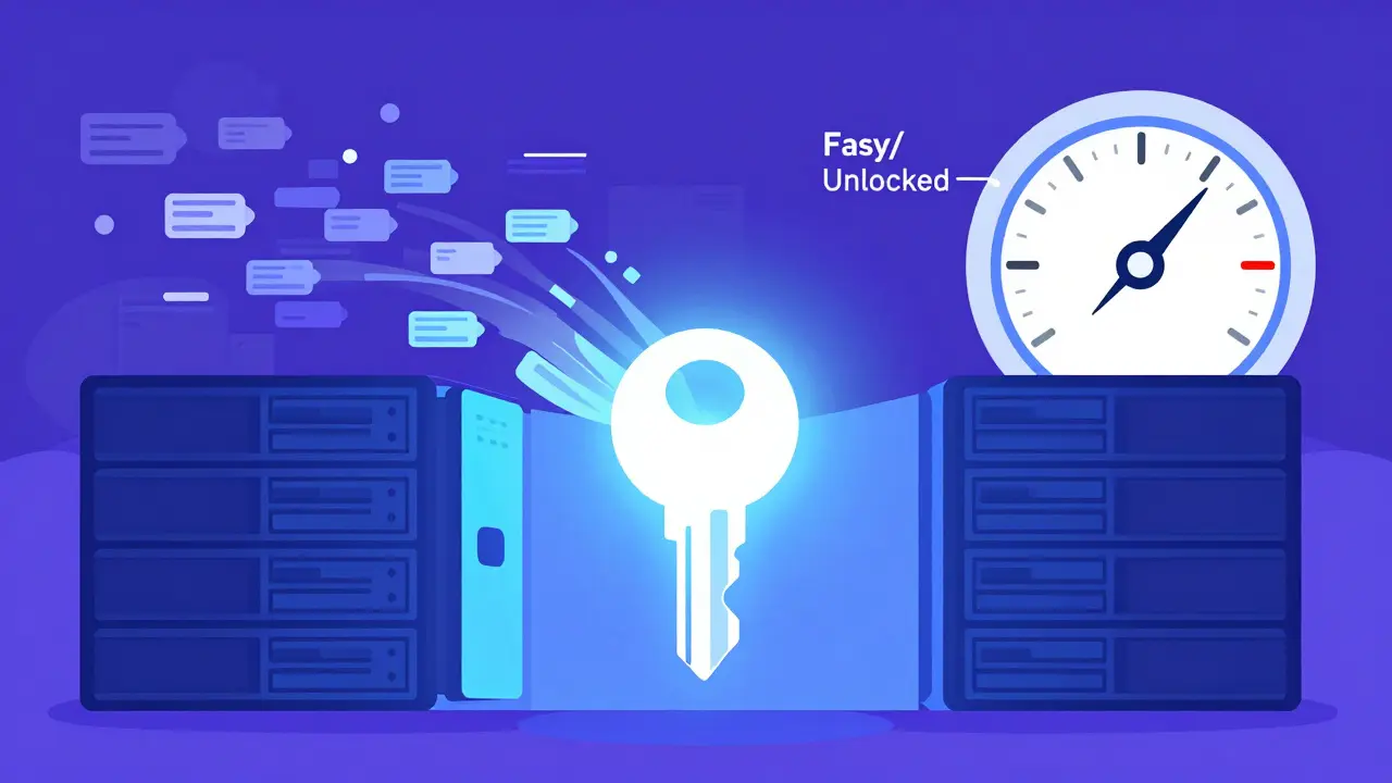 Flat design graphic showing an API key unlocking faster data access speeds and server limits