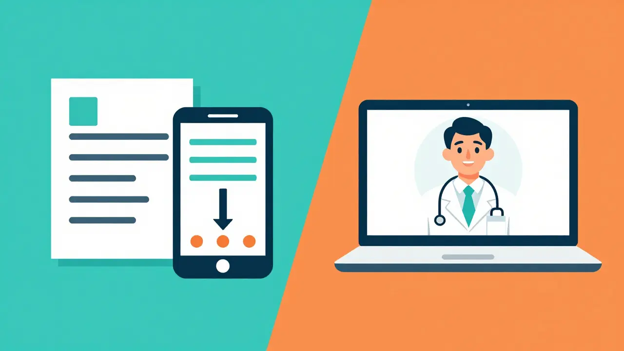 Flat design illustration comparing prescription upload vs telehealth consultation options
