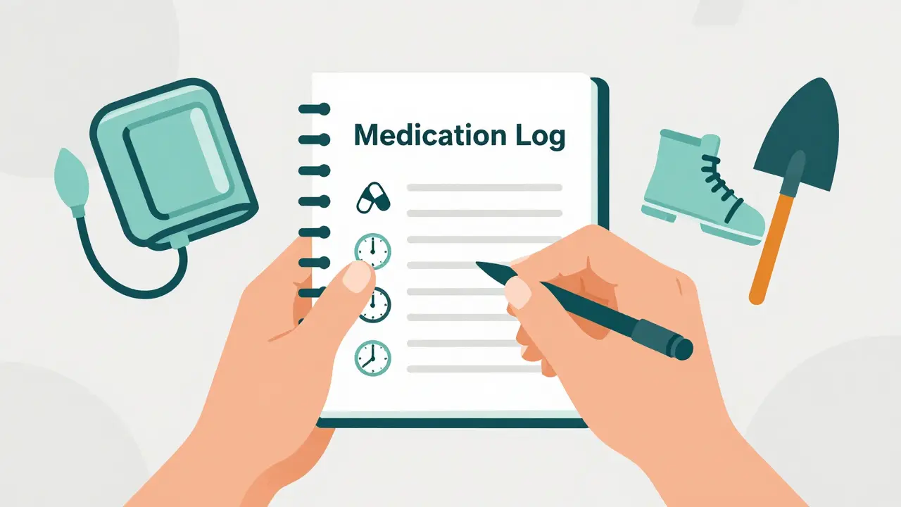 Hands holding medication log notebook with health goal icons nearby