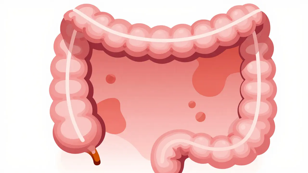 Illustration comparing raised adenomas on the left colon to flat, hidden serrated lesions on the right.
