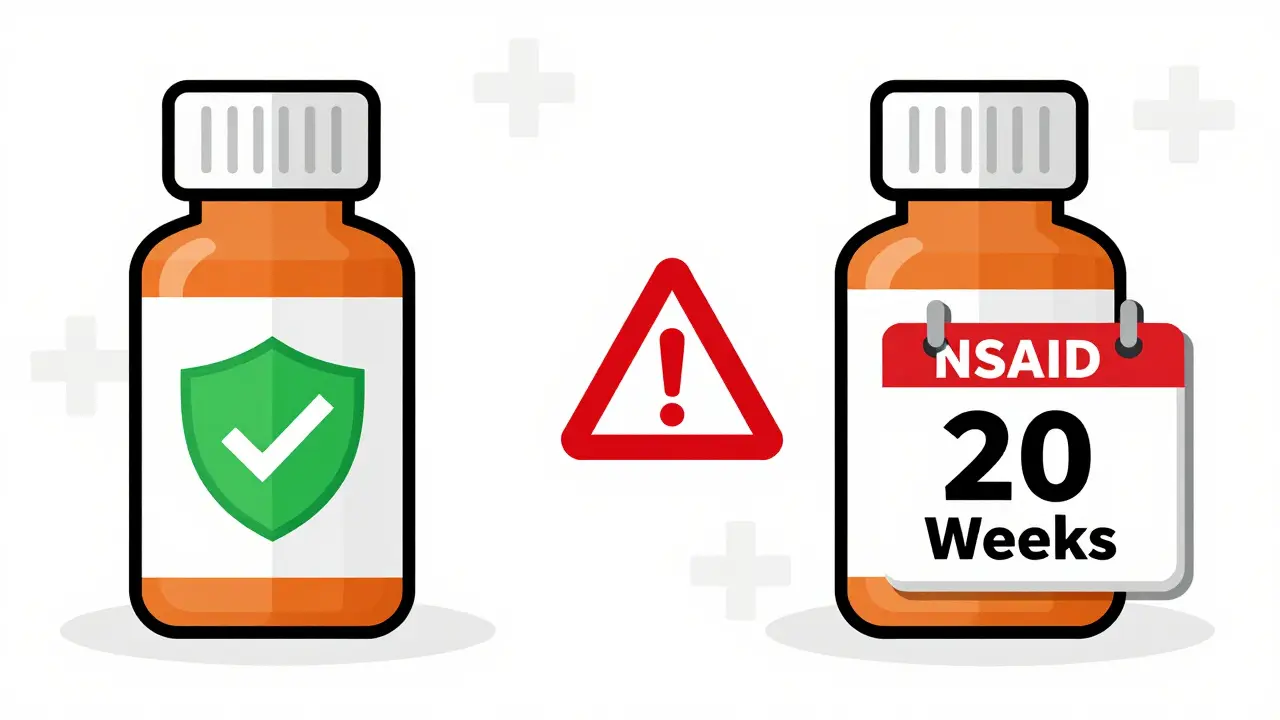 Illustration comparing safe acetaminophen vs restricted NSAIDs