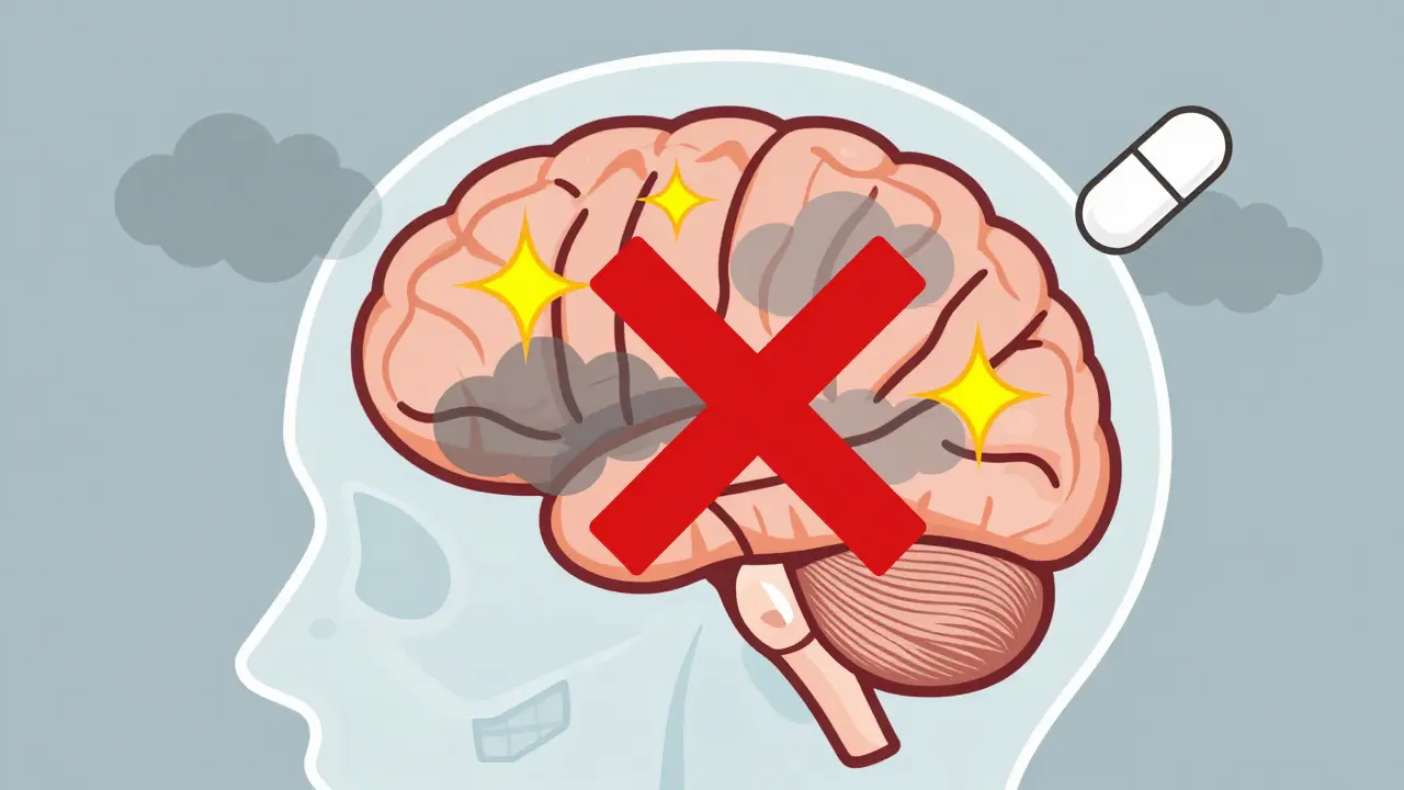 Illustration of drug-induced brain fog blocking memory sparks