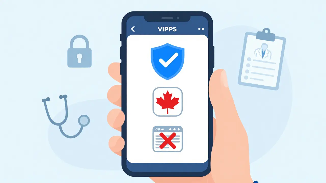 Illustration of verifying online pharmacy safety via mobile app icons