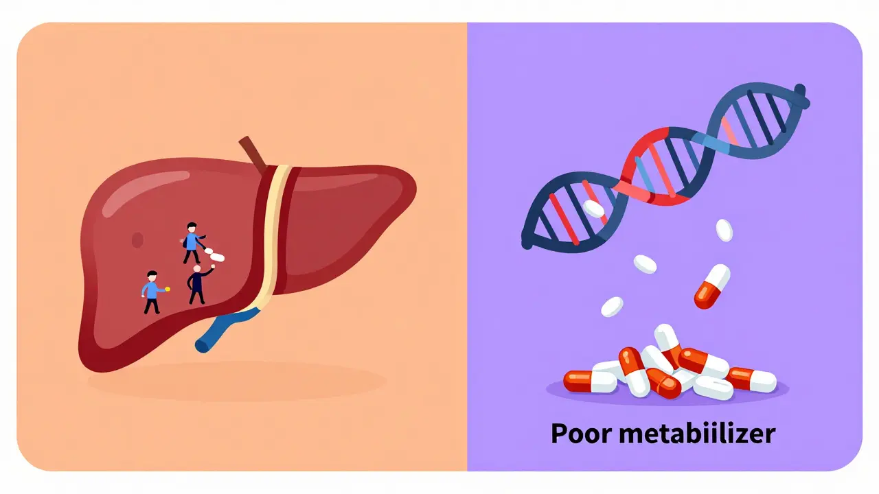 Illustration showing liver enzymes and DNA affecting drug metabolism