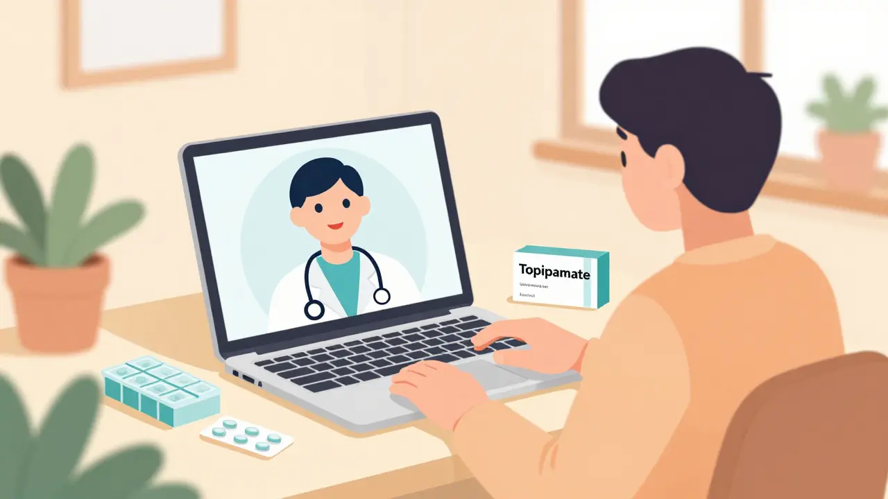Person using telehealth service to refill prescription medication at home
