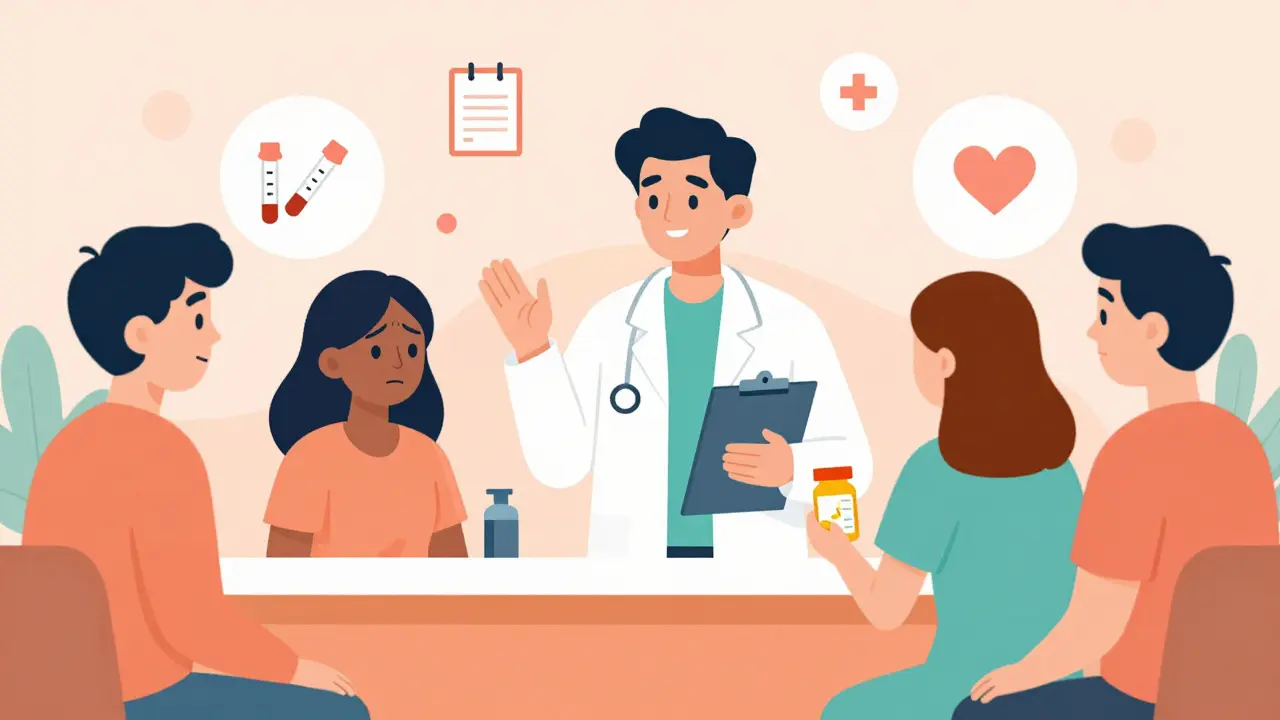 Pharmacist discussing medication switch with patients