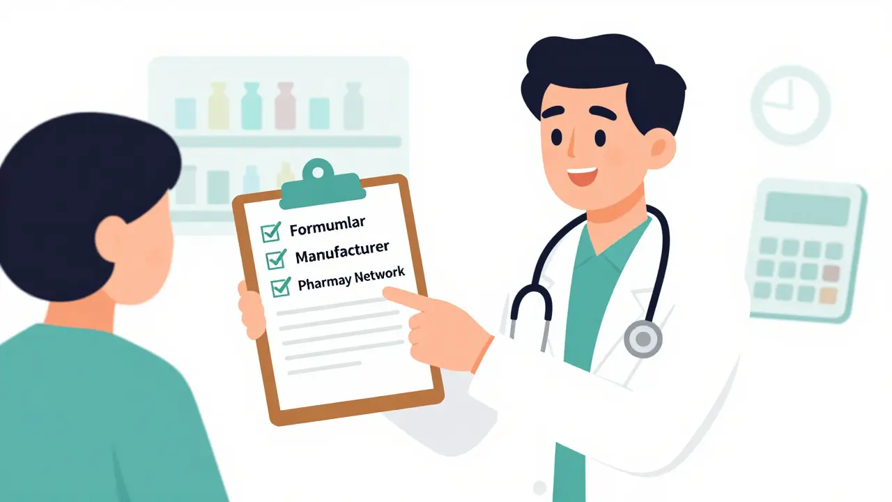 Pharmacist helping patient review prescription coverage checklist