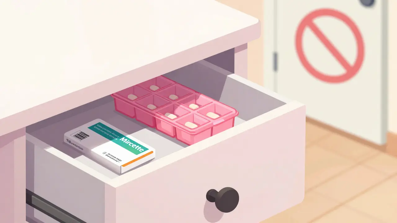 Pill pack stored safely in a bedroom drawer, avoiding humid bathroom environment
