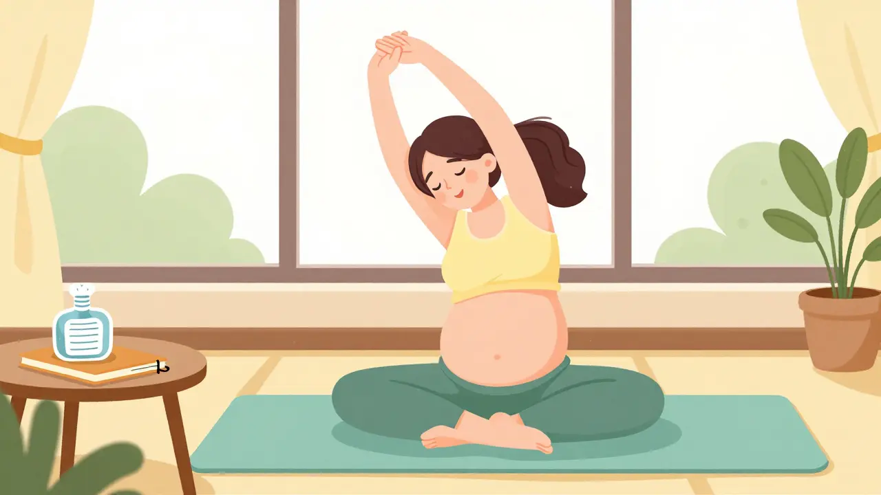 Pregnant woman doing gentle yoga for natural pain relief