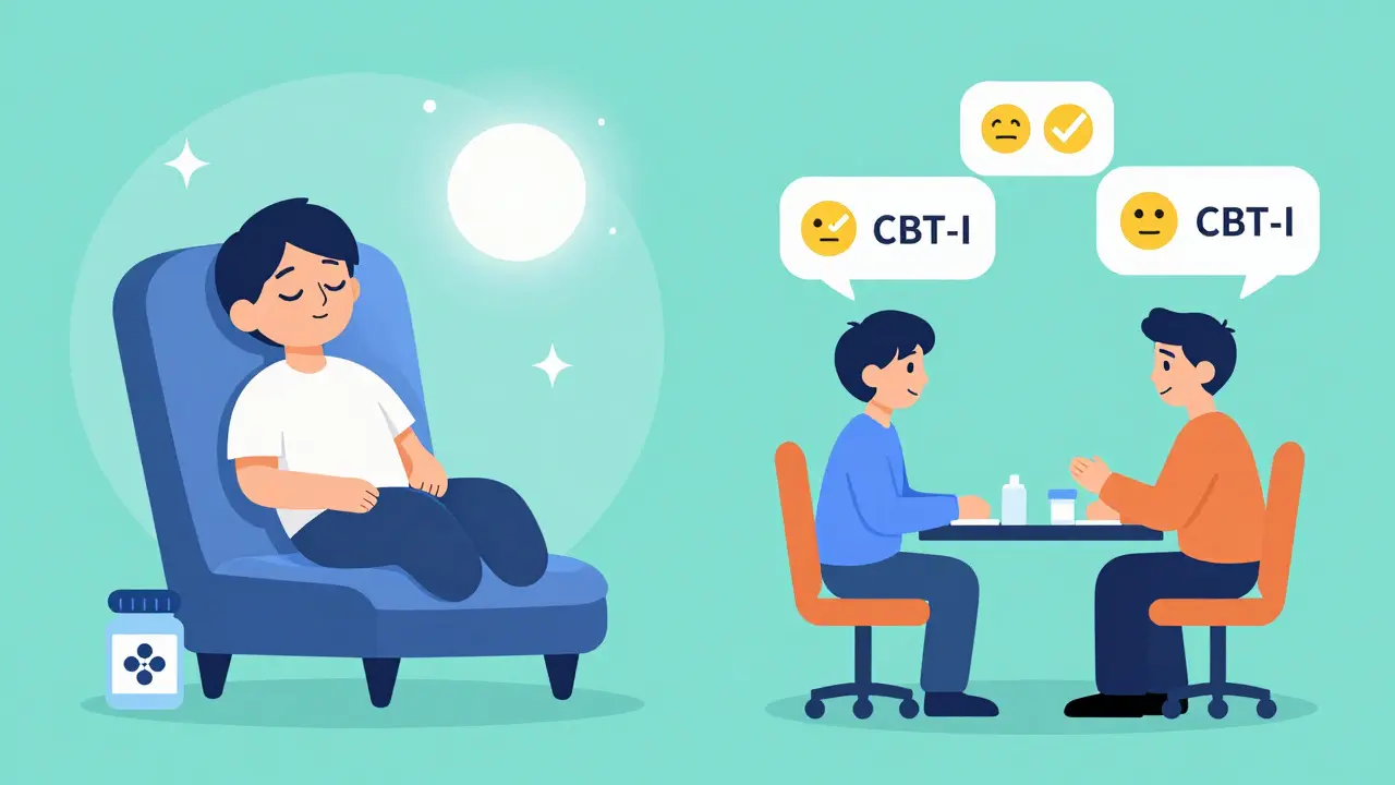 Split view showing melatonin and therapy as safe sleep aids