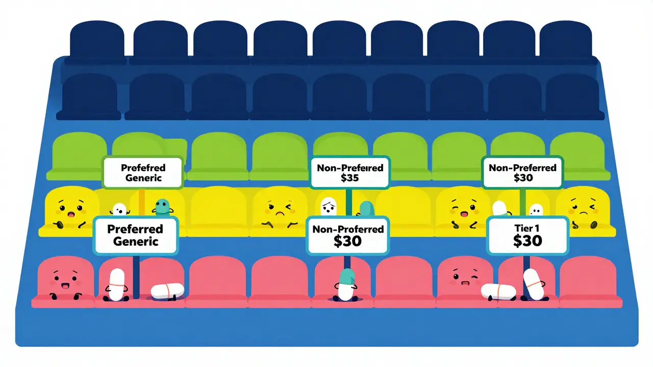 Stadium seating metaphor showing different drug coverage tiers