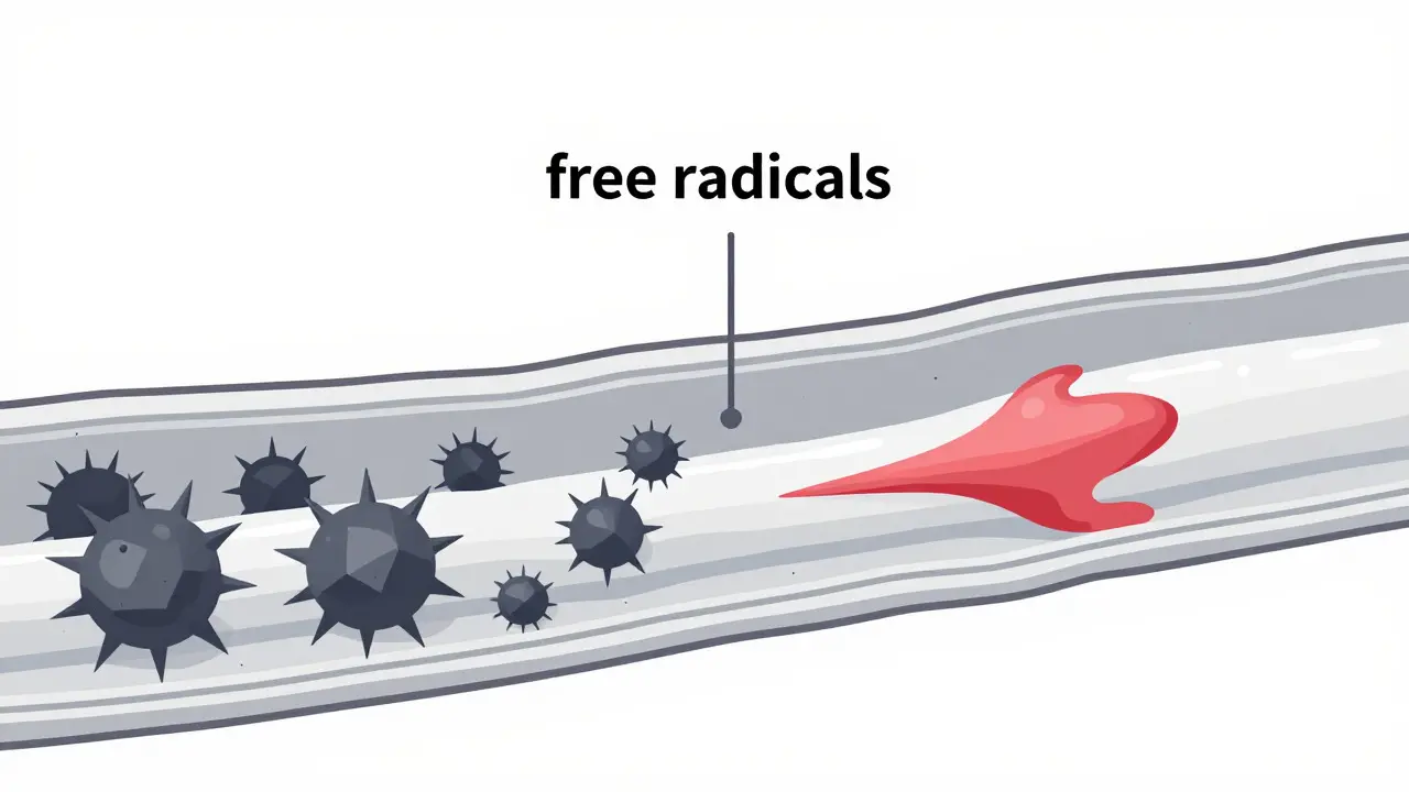 Abstract diagram of free radicals damaging nerve fibers inside an axon