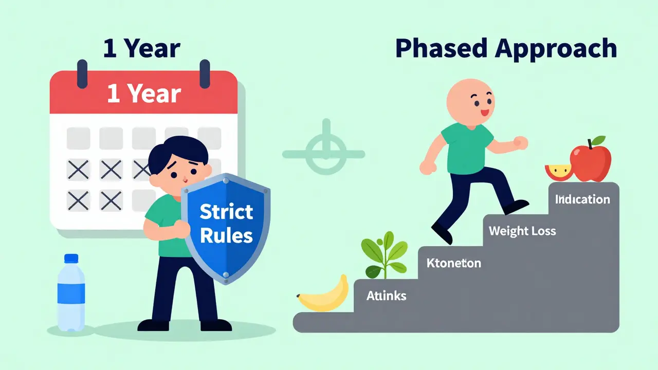 Cartoon comparison of strict keto rules versus flexible atkins phases