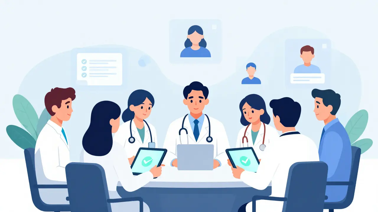 Cartoon doctors reviewing patient profiles on tablets for online prescriptions.