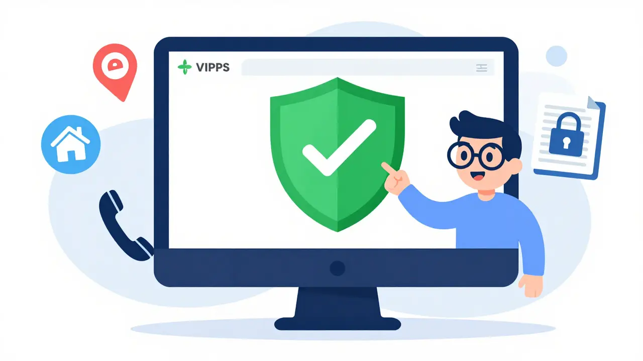 Cartoon showing verified online pharmacy safety icons like shield and phone