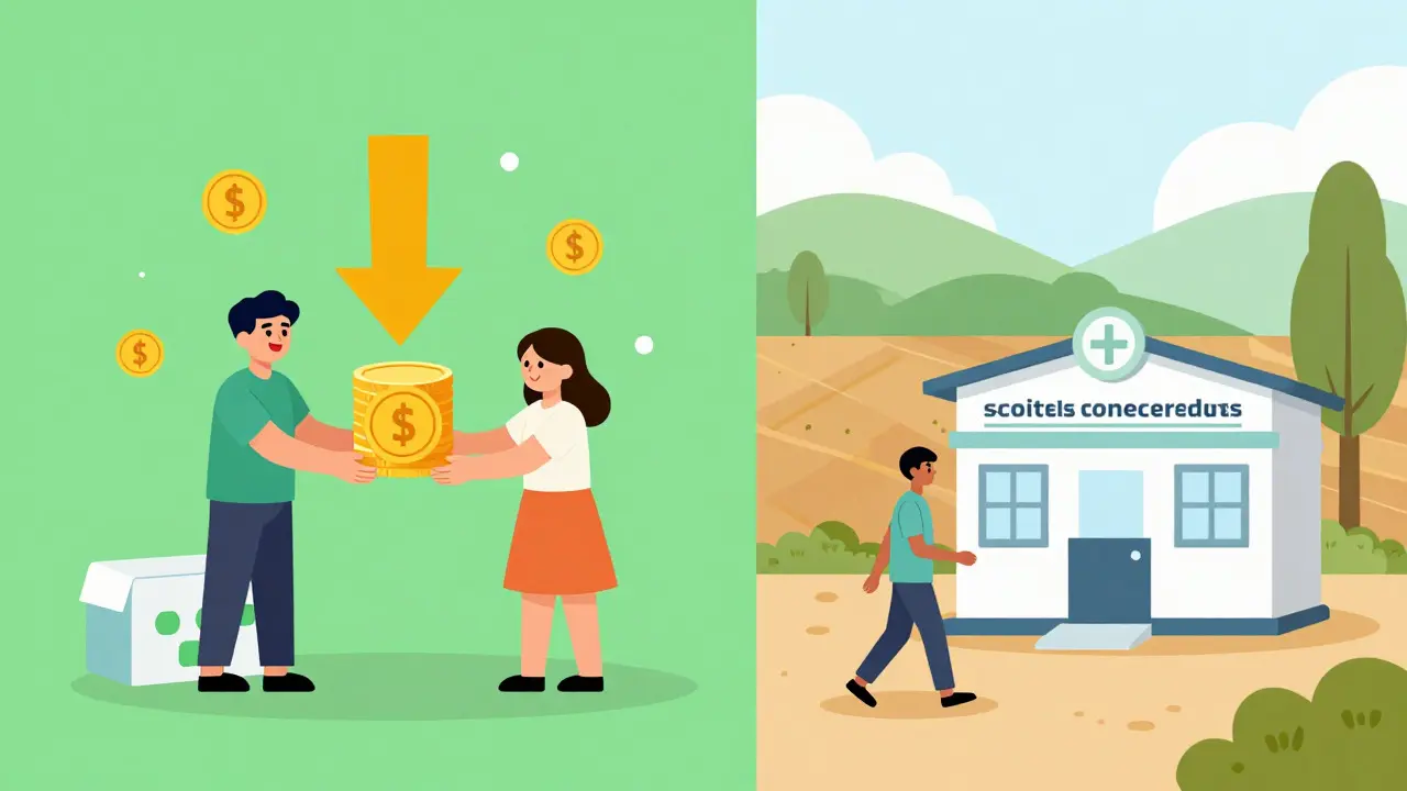 Family saving money and rural patient accessing affordable care