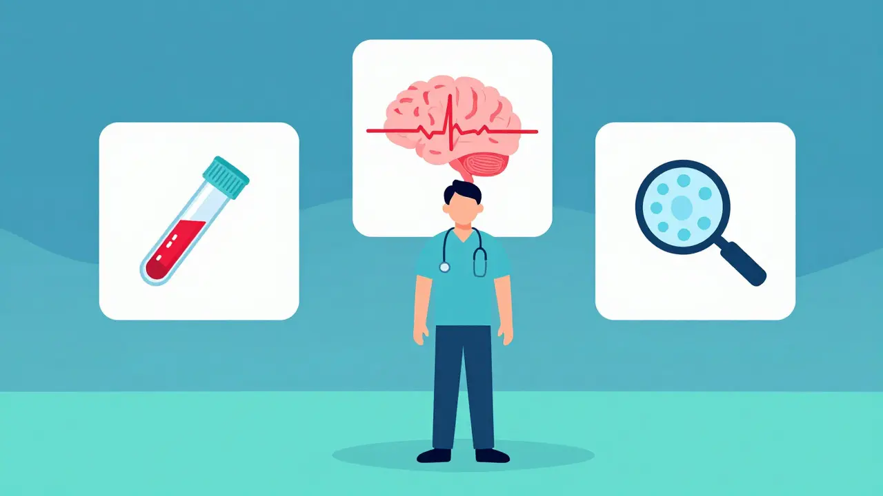 Flat design concept of medical diagnostics including blood tests and biopsies