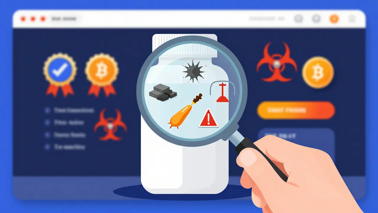Flat design graphic showing a magnifying glass revealing contaminants in an unregulated pill bottle.