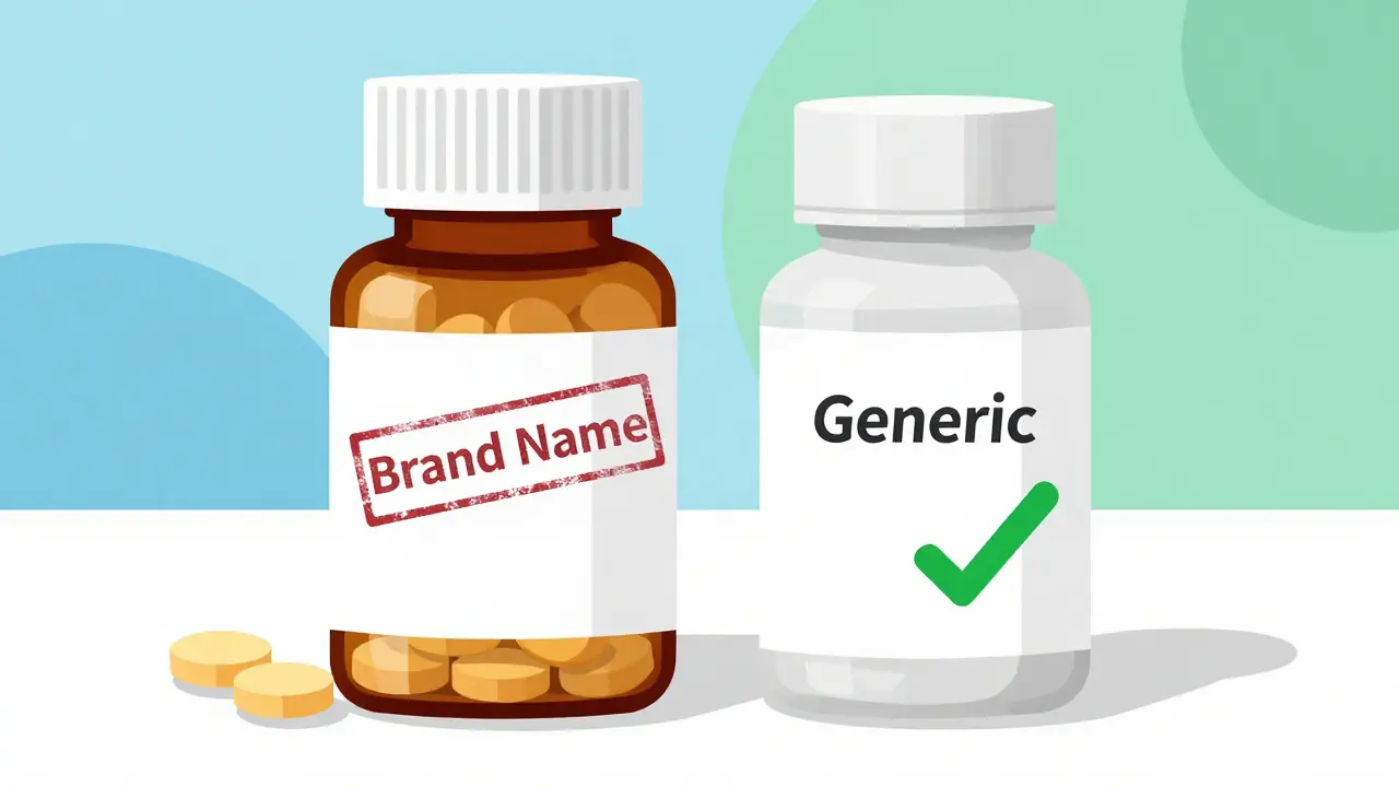 Flat design graphic showing generic pills are equivalent to brand name but cheaper, with checkmarks.