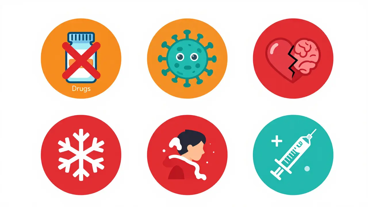 Flat design icons representing the DIMES mnemonic for myxedema coma triggers: drugs, infection, MI, cold, sedation.
