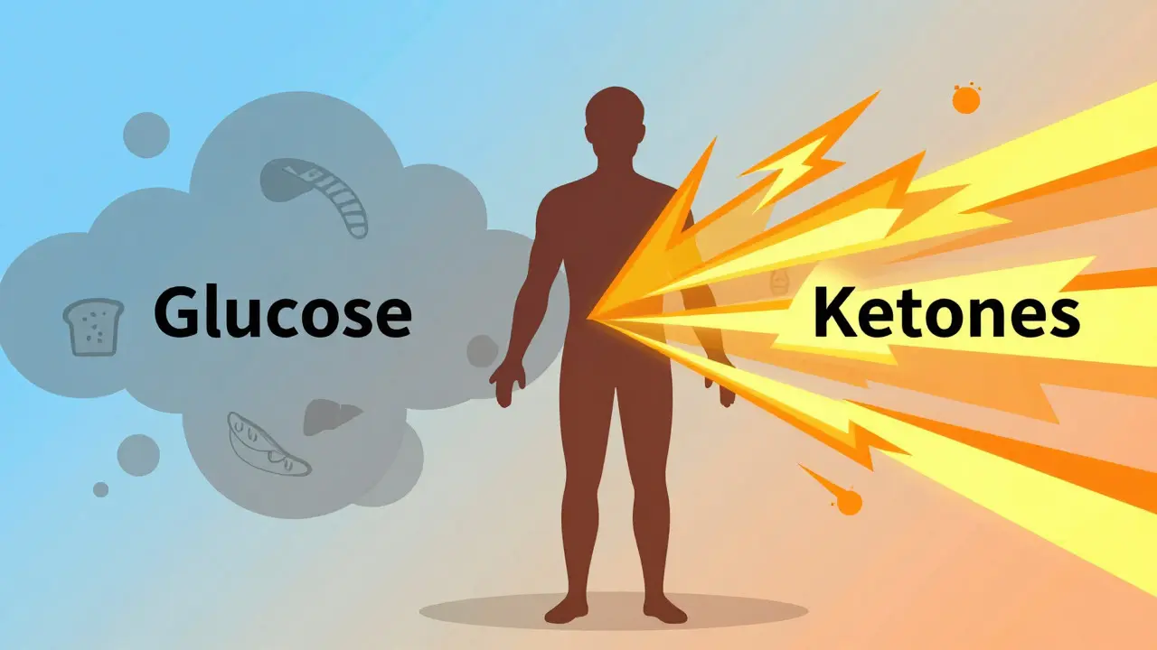Flat design illustration of body switching from glucose to ketone energy
