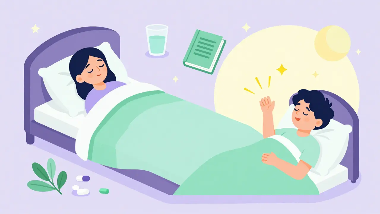 Flat design illustration of healthy sleep hygiene and lifestyle alternatives for daytime energy.