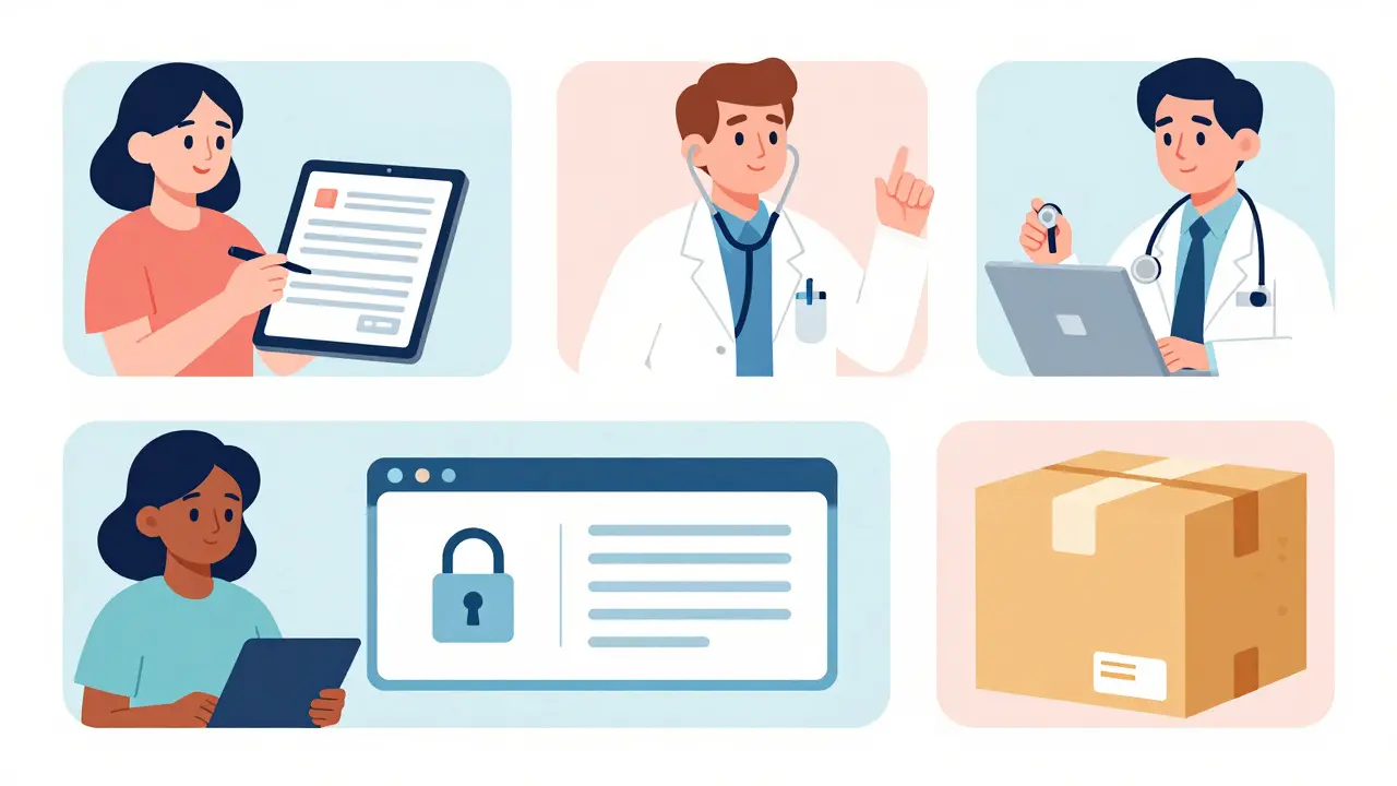 Flat design steps showing safe online prescription process from consultation to secure delivery.