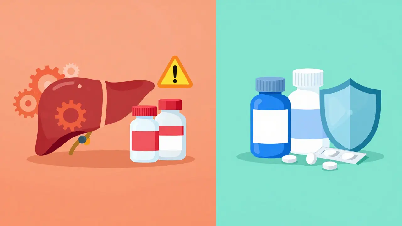 Flat illustration comparing dangerous enzyme-inducing drugs vs safe antibiotics