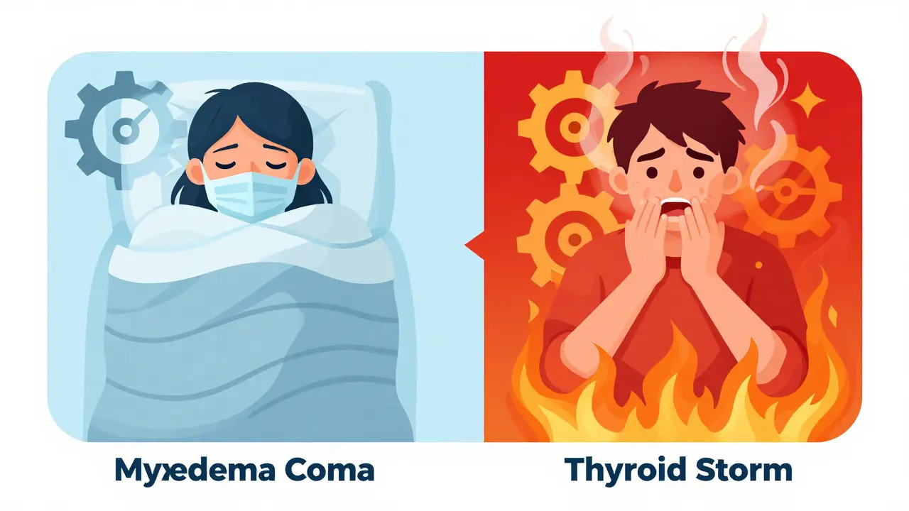 Flat illustration comparing slow metabolism in myxedema coma versus fast metabolism in thyroid storm.