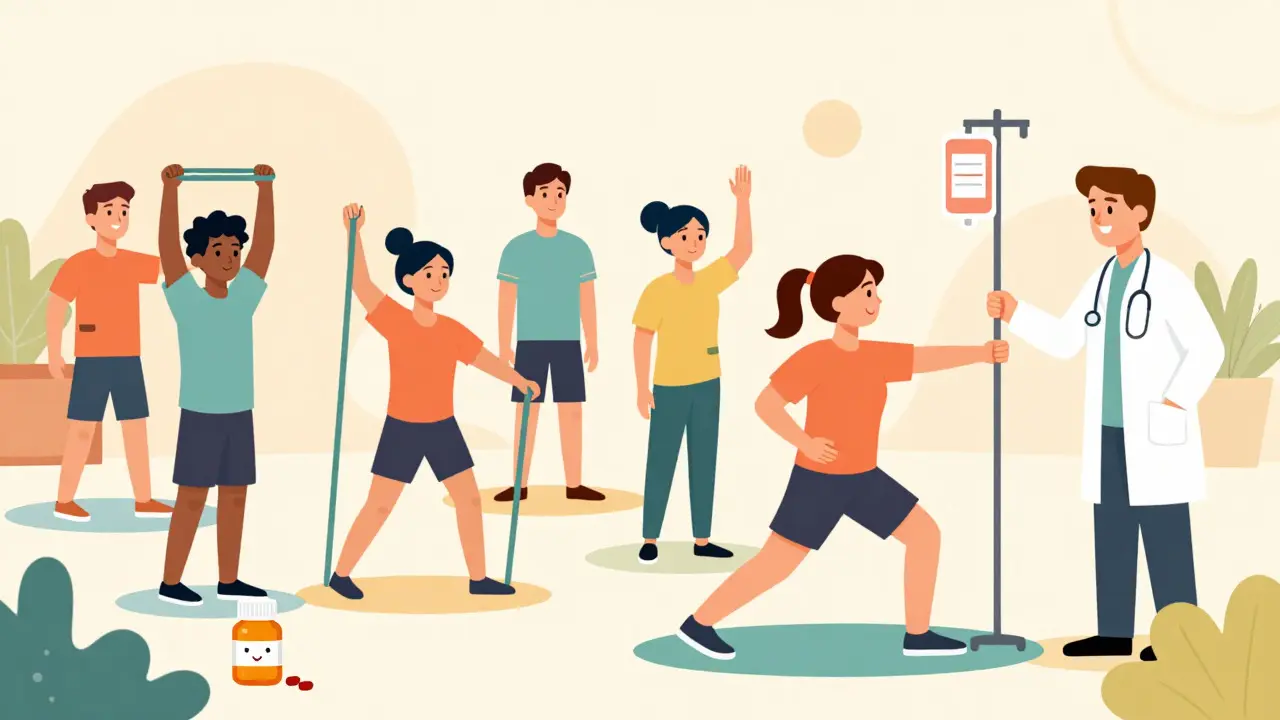 Flat illustration of patients doing gentle physical therapy exercises for recovery