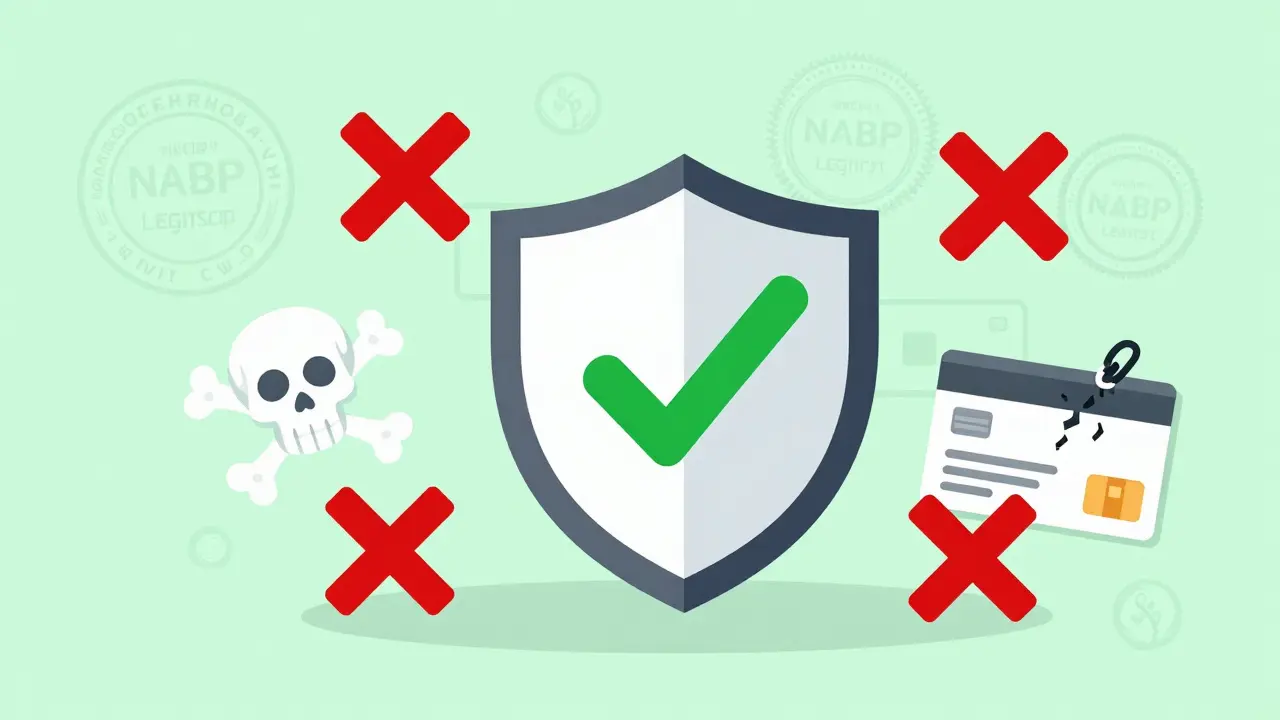 Graphic showing safety shields protecting against fake online pharmacy scams.