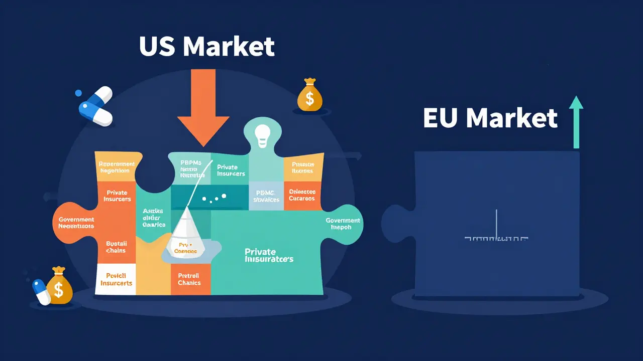 Illustration comparing fragmented US market vs centralized EU system