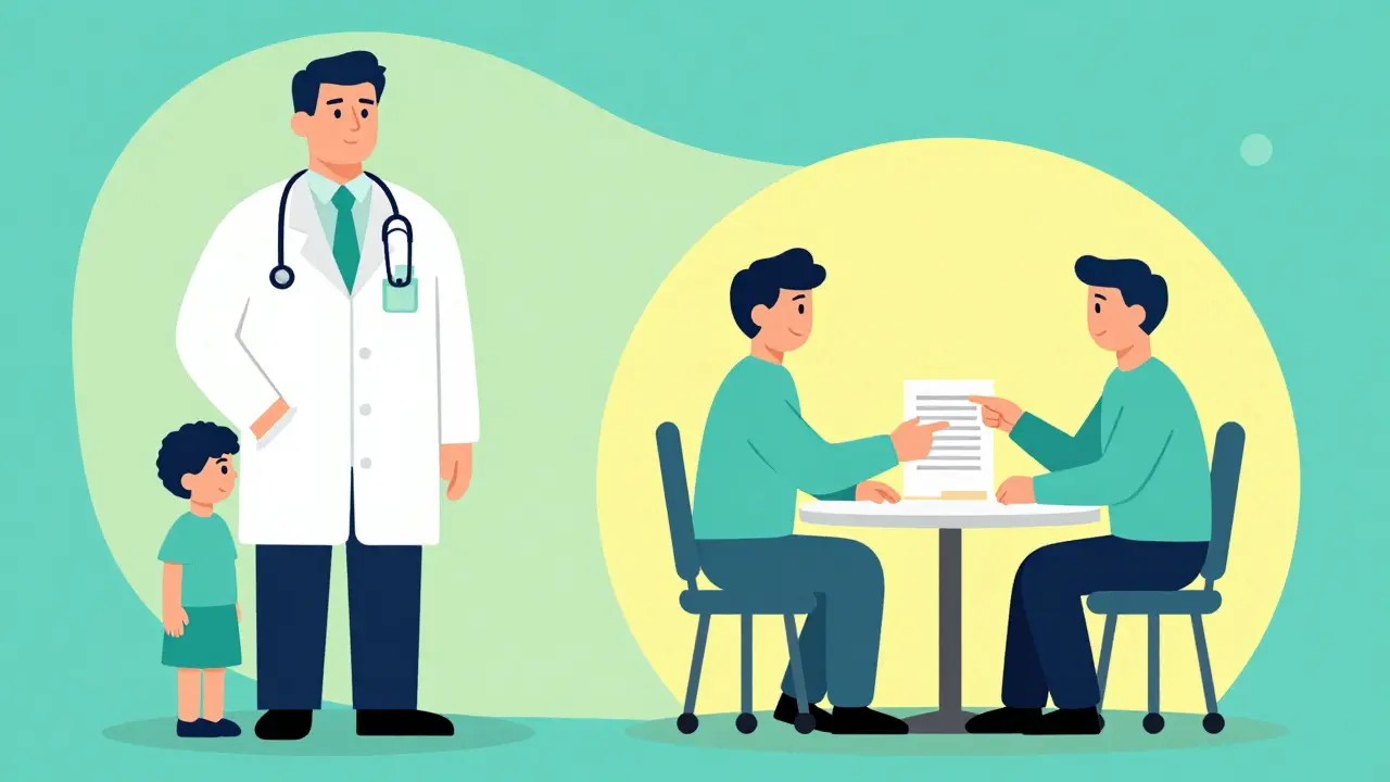 Illustration comparing hierarchical vs collaborative doctor-patient relationship