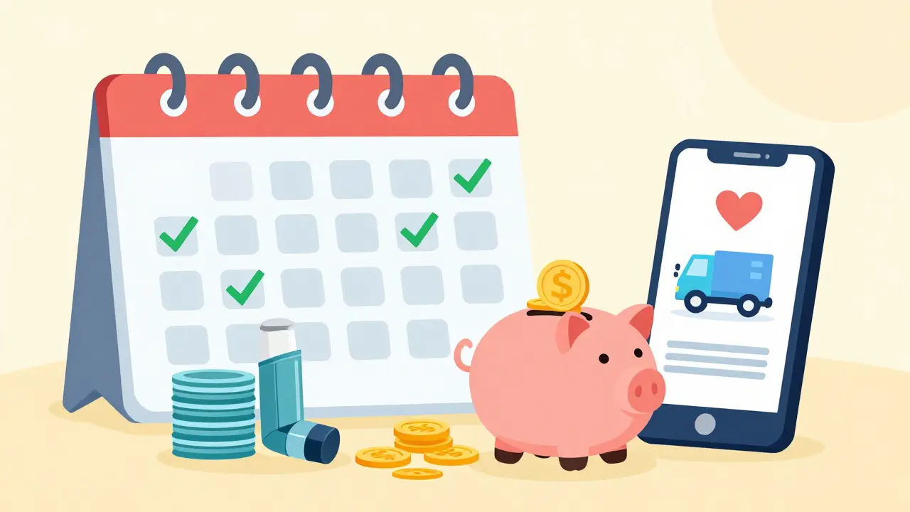 Illustration of subscription savings with calendar, inhalers, and piggy bank
