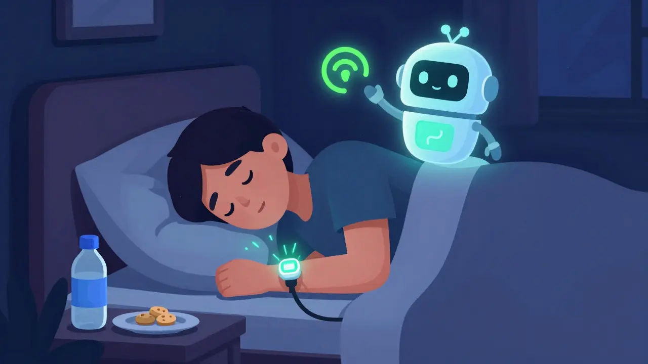 Cartoon of a person sleeping with a CGM monitor and bedtime snack