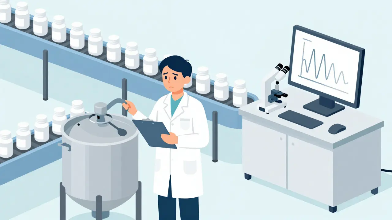 Cartoon view of a pharmaceutical factory floor with workers and pill bottling equipment
