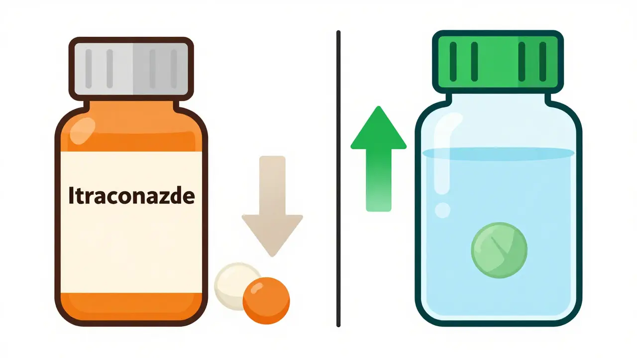 Comparison graphic showing poor vs good dissolution of different antifungal medications.