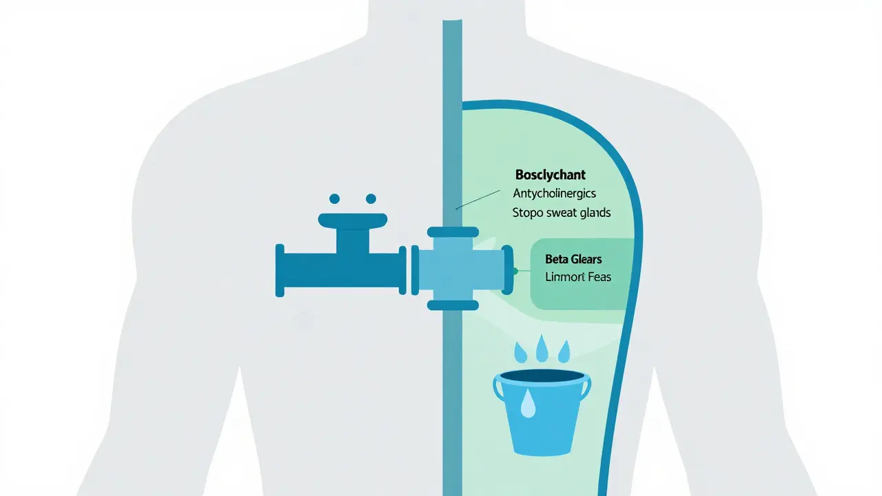 Diagram showing how medications block sweating and blood flow