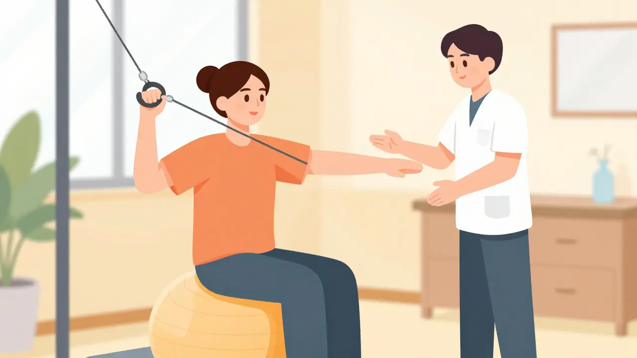 Flat design cartoon of a patient doing shoulder rehab exercises with a physical therapist.