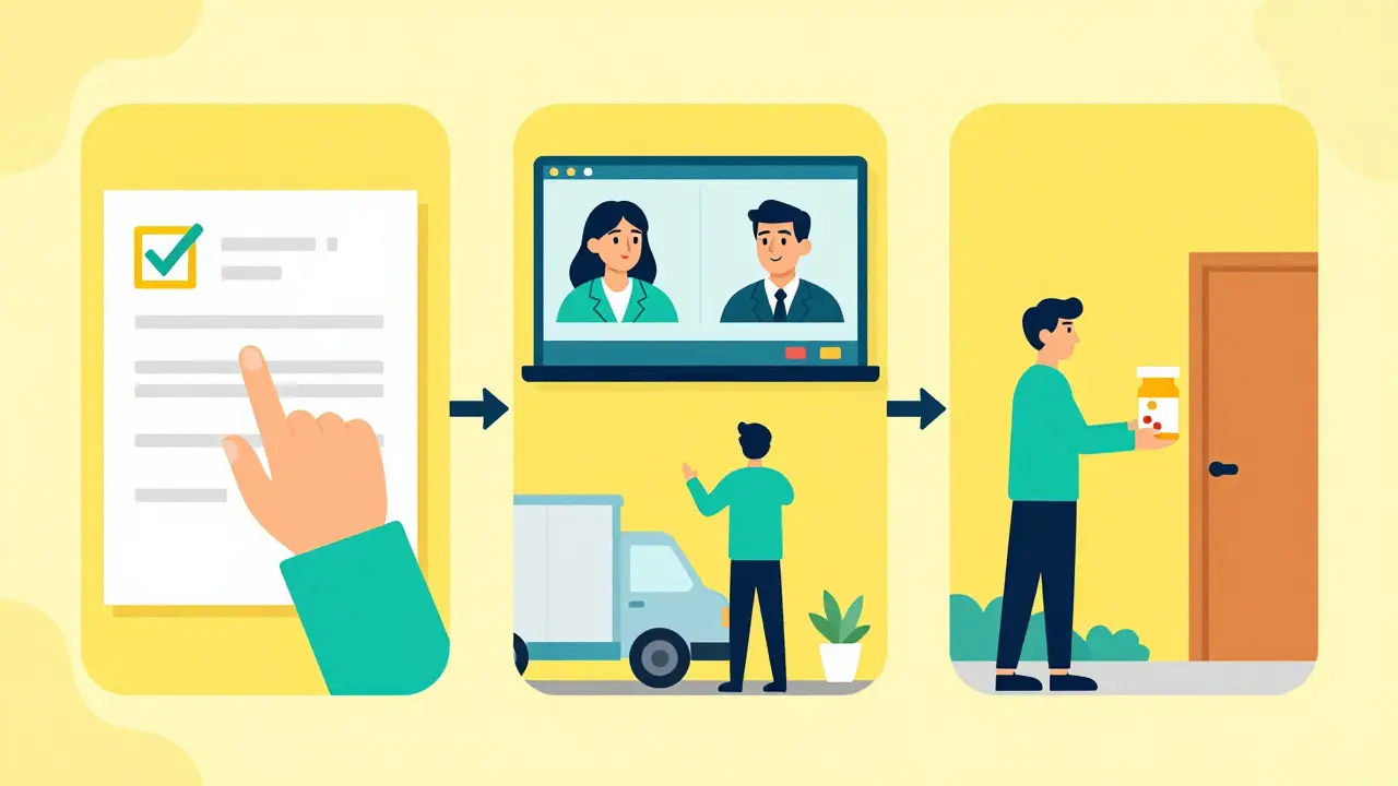 Flat design graphic showing the steps to order prescription medication online