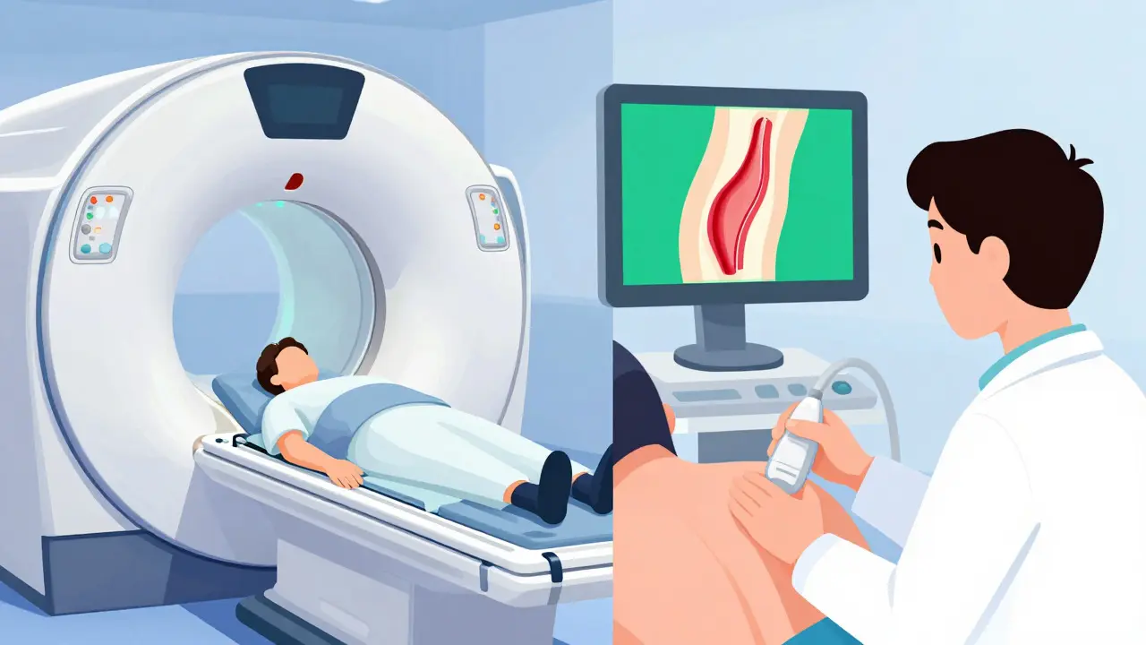Flat illustration comparing MRI scan and ultrasound diagnostic procedures for shoulder pain.